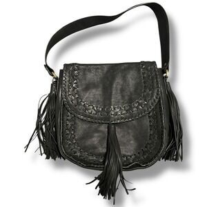 Clever Carriage Company Black Genuine Leather Boho Satchel Tassel Braided Bag